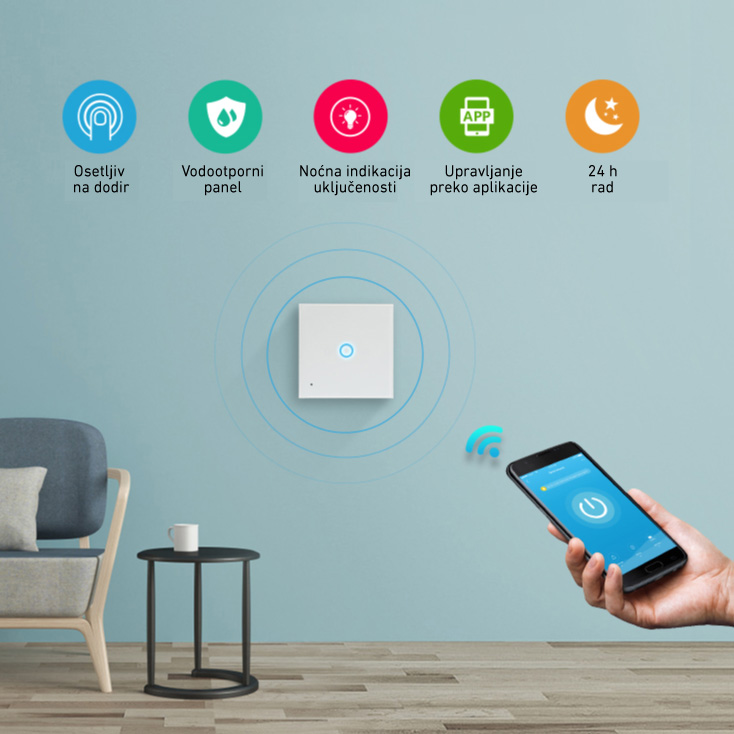 SMART WiFi prekidač svetla, uzidni, 230V, 1x5A, Tuya app, Smart Life WFPS-W1/WH